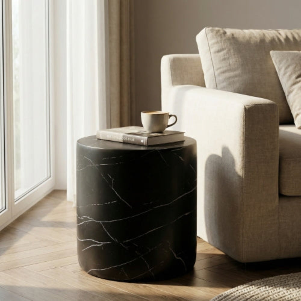 Lightweight Concrete Side Table, Black Marble Finish, Living Room Accent Table for Outdoor & Indoor Use