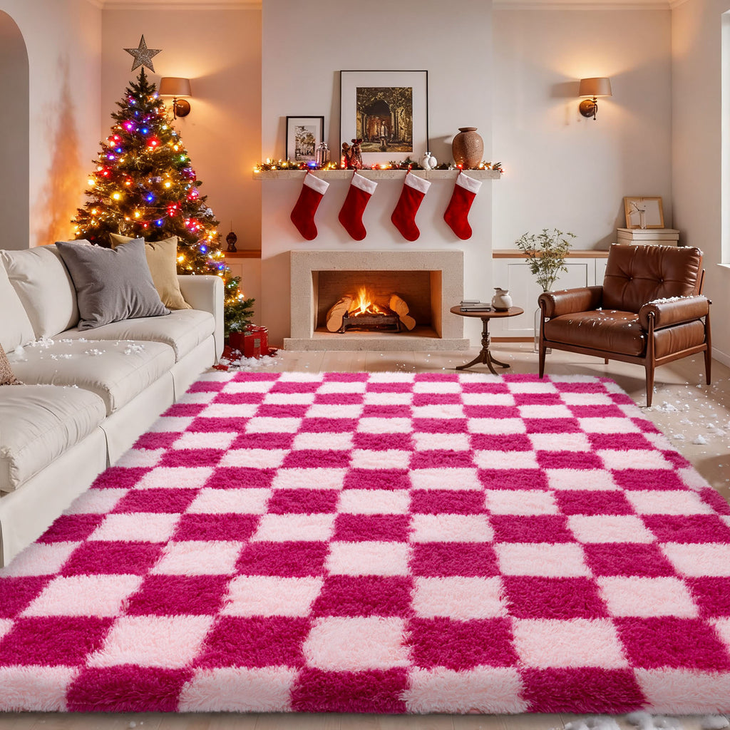 5x7 Feet Checkered Area Rugs For Living Room, Black Modern Super Soft Fluffy Rugs for Bedroom Home Aesthetic Decor