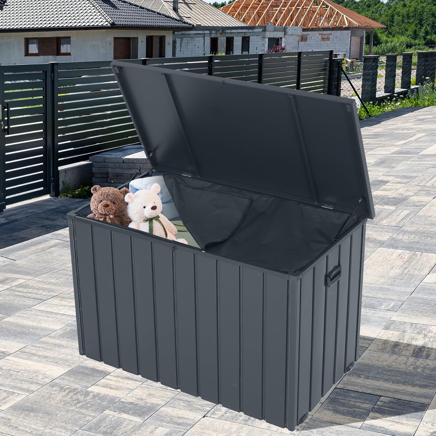 120 Gallon Patio Steel Storage Deck Box, Waterproof Lockable Bin for Cushions, Pillows & Tools