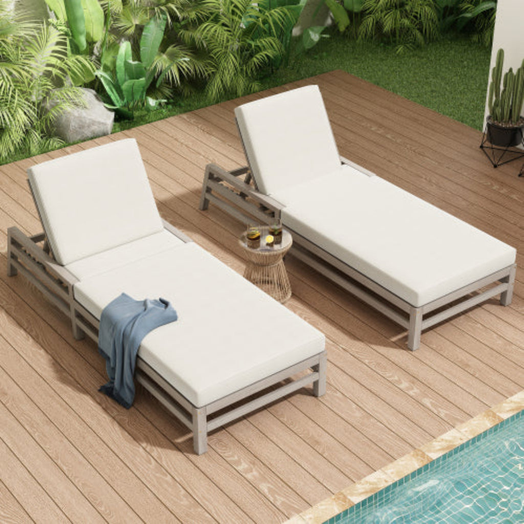 5-Position Adjustable Outdoor Chaise Lounge Solid Wood with Cushions for Pool and Balcony