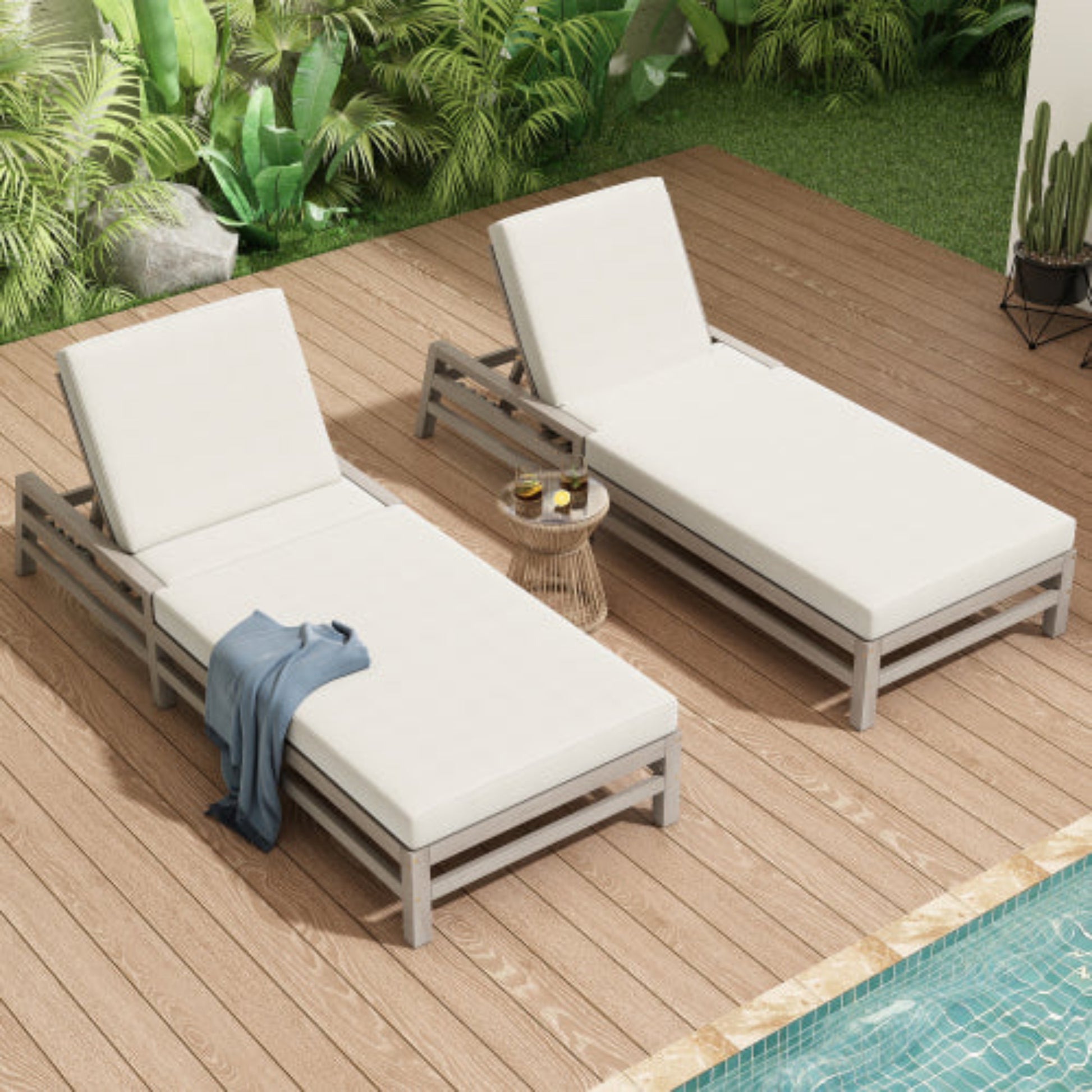 5-Position Adjustable Outdoor Chaise Lounge Solid Wood with Cushions for Pool and Balcony