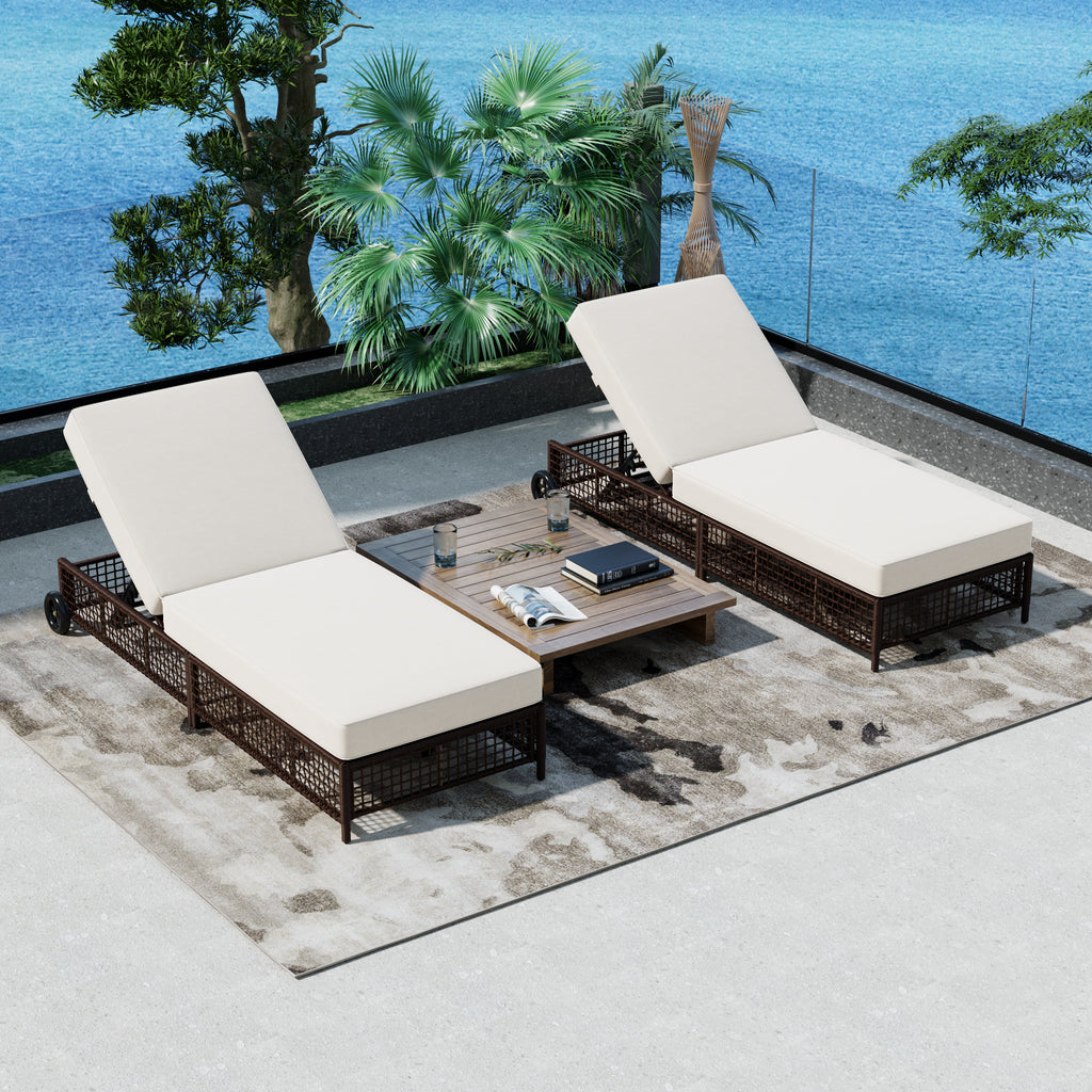 Outdoor Lounge Chair Set of 2, Patio Chaise Lounge with 5-Position Backrest, Rattan Outdoor Lounge Chair with Cushion and Wheels for Poolside, Backyard, Garden