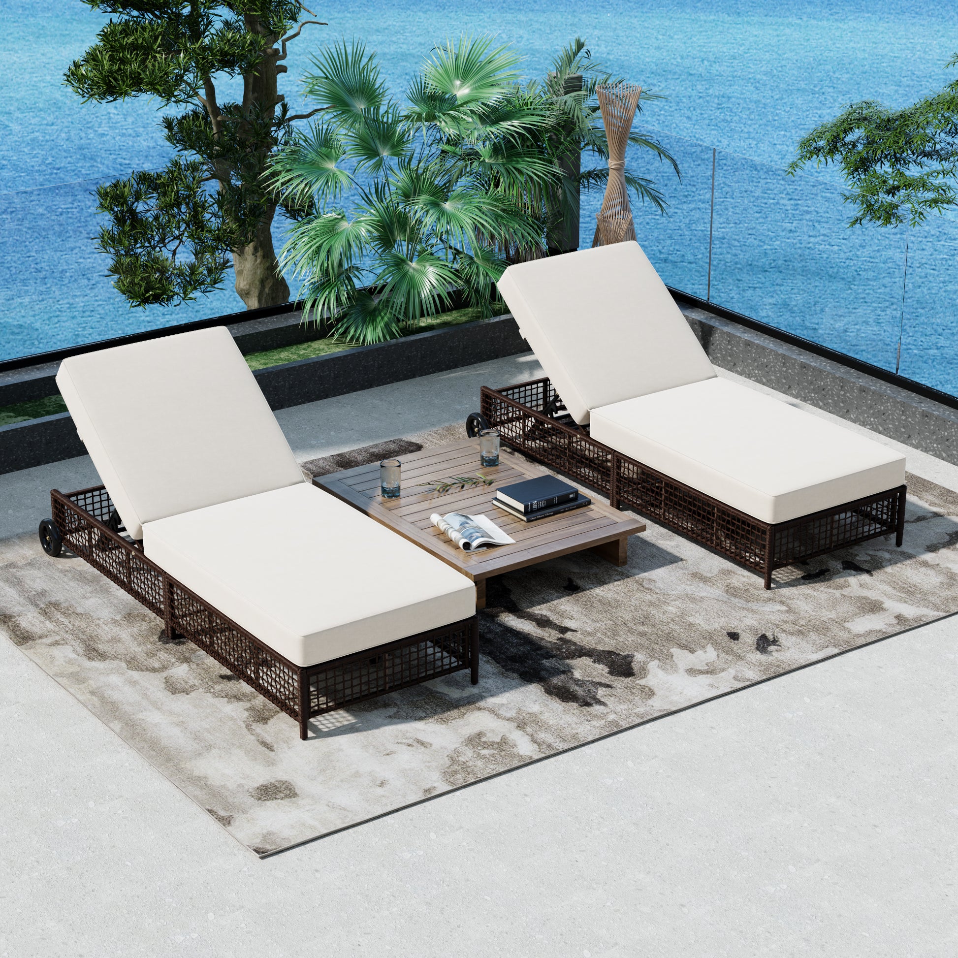 Outdoor Lounge Chair Set of 2, Patio Chaise Lounge with 5-Position Backrest, Rattan Outdoor Lounge Chair with Cushion and Wheels for Poolside, Backyard, Garden