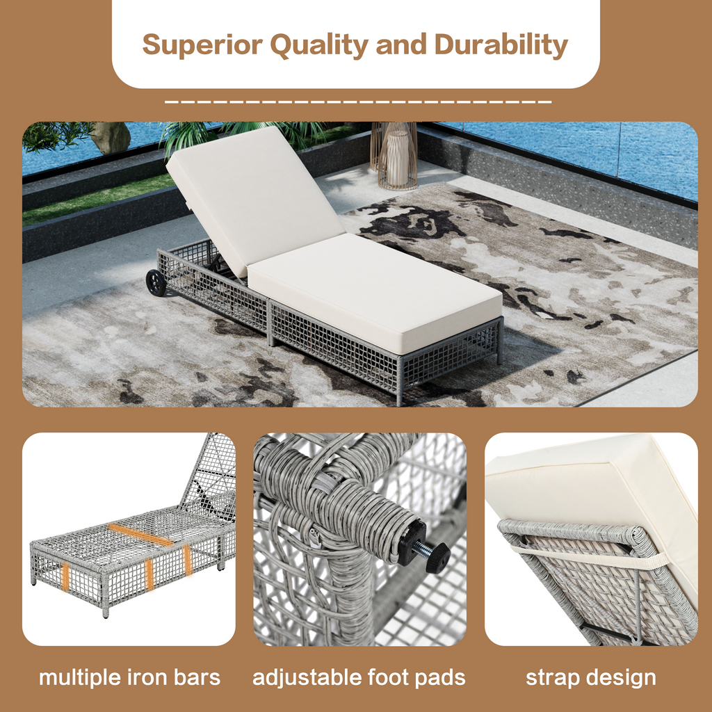 Outdoor Lounge Chair Set of 2, Patio Chaise Lounge with 5-Position Backrest, Rattan Outdoor Lounge Chair with Cushion and Wheels for Poolside, Backyard, Garden