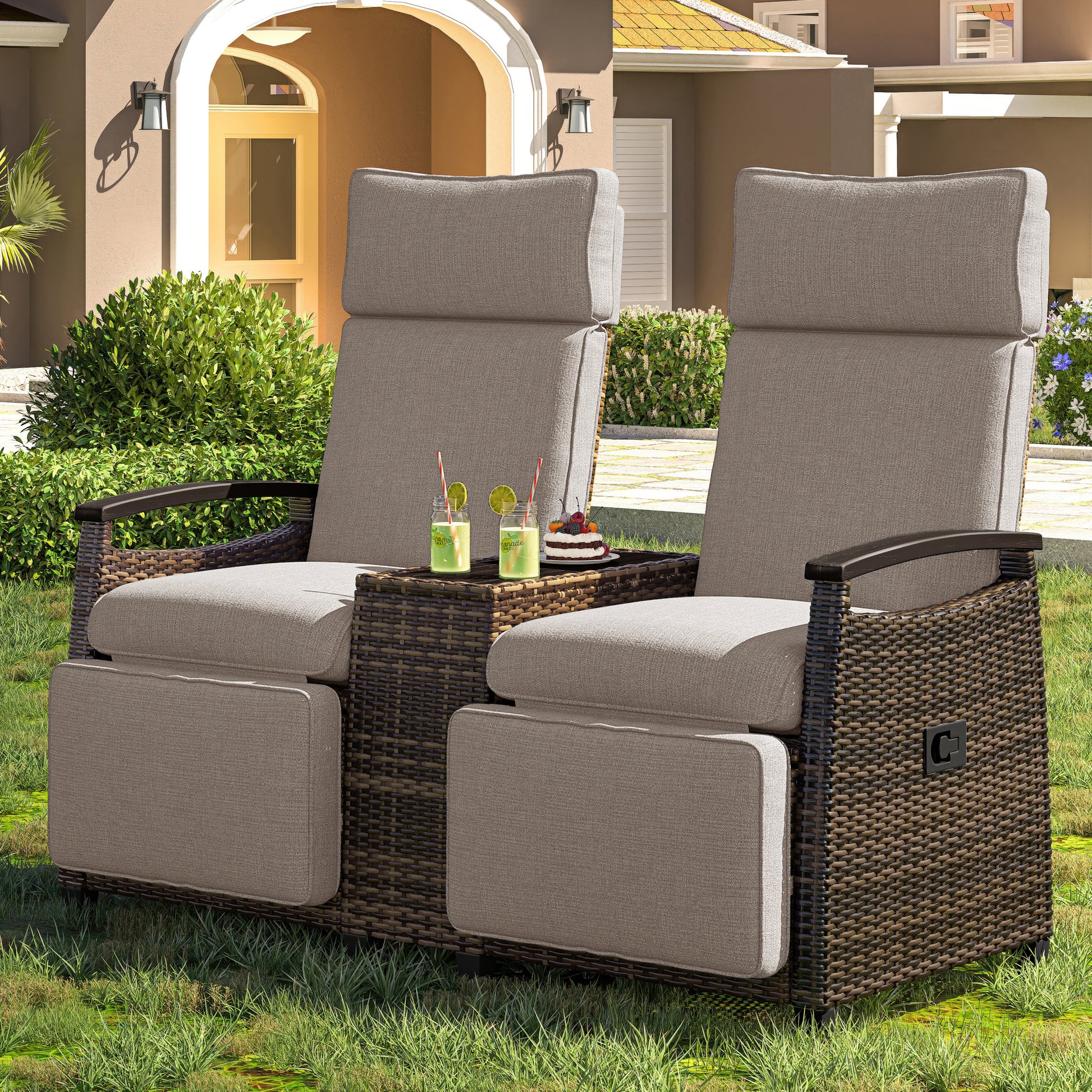 Patio Recliner Loveseat Chair, Adjustable Backrest Wicker Outdoor Lounge Chair Set with Acacia Wood Armrests and Built-in Storage Table for Balcony, Porch, Lawn, Brown