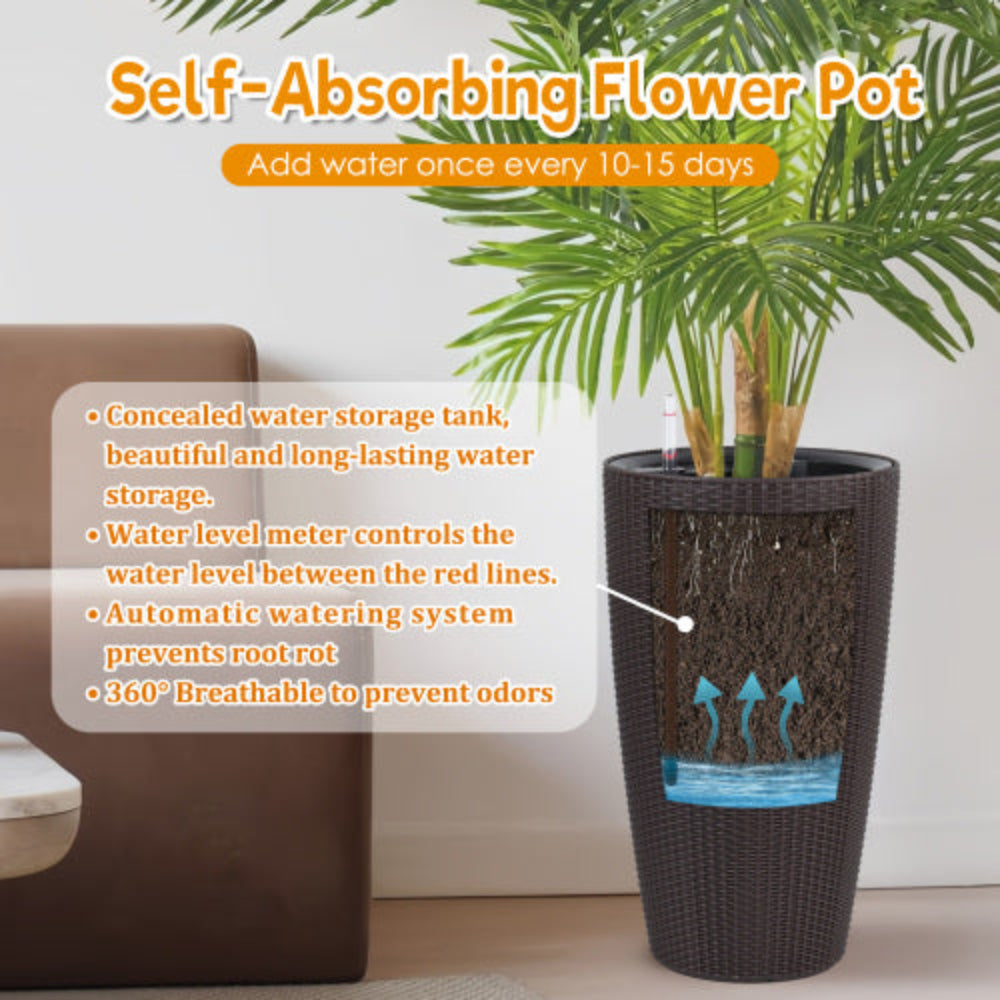 Set of 2 22 Inch Faux Rattan Tall Planters with Automatic Watering Water Level Monitor Inner Bucket for Indoor/ Patio Garden Porch Backyard Brown