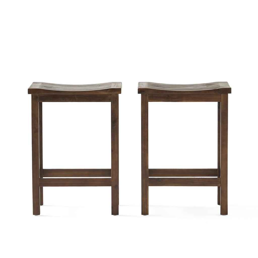 Acacia Wood Counter Height Bar Stools Set of 2, Mahogany Brown Outdoor Patio Kitchen