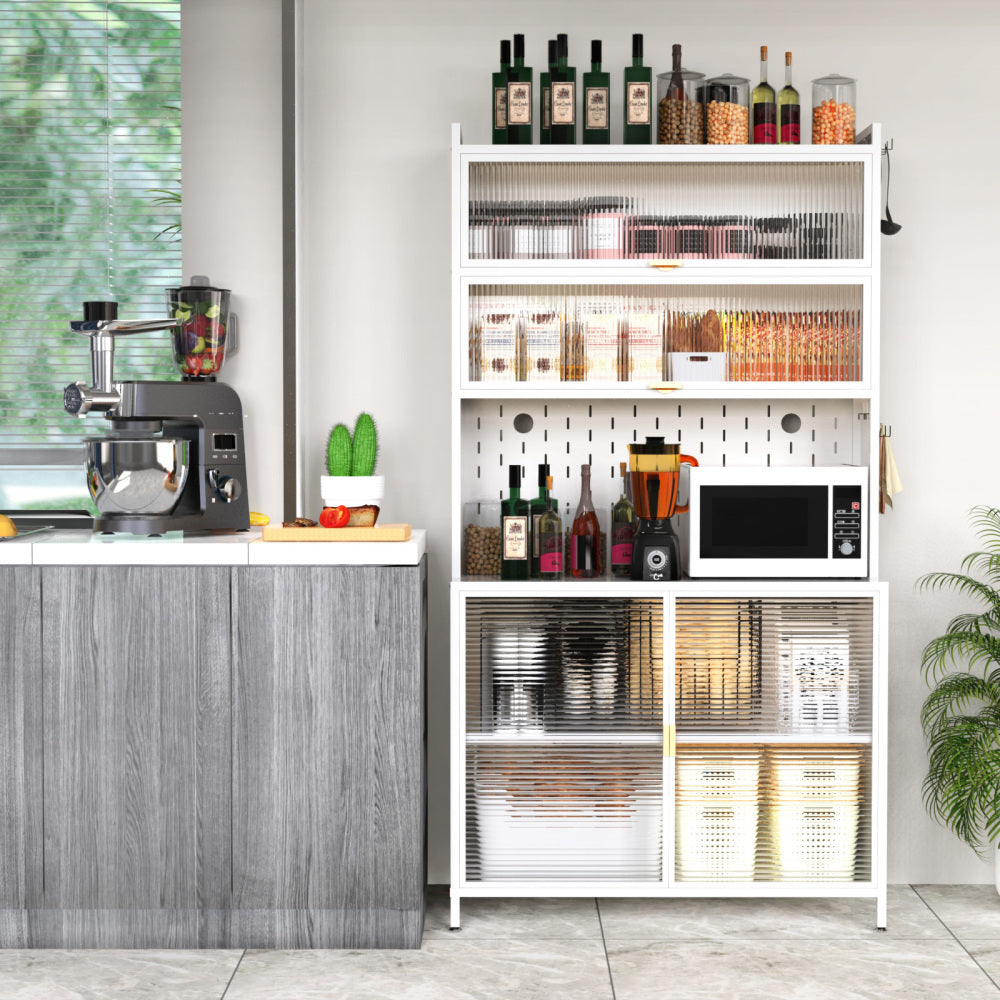 Chic Crate 73'' Tall 6-Level Flip-Door Pegboard Metal Pantry Cabinet – Anti-Tip Hutch for Kitchen/Dining/Living Room