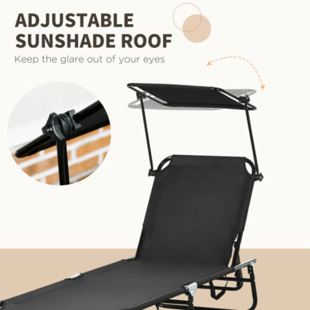 Folding Chaise Lounge Pool Chair with Canopy Shade, Reclining Back, Steel Frame & Side Pocket,  Perfect for Beach, Yard, Patio - 2 PCS Black