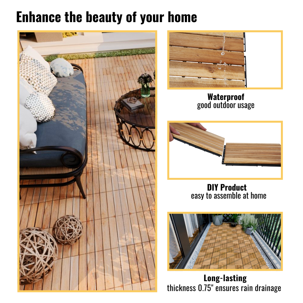 Chic Crate 10Pack 12in Striped Deck Tiles – Interlocking Yellow Acacia Hardwood Flooring