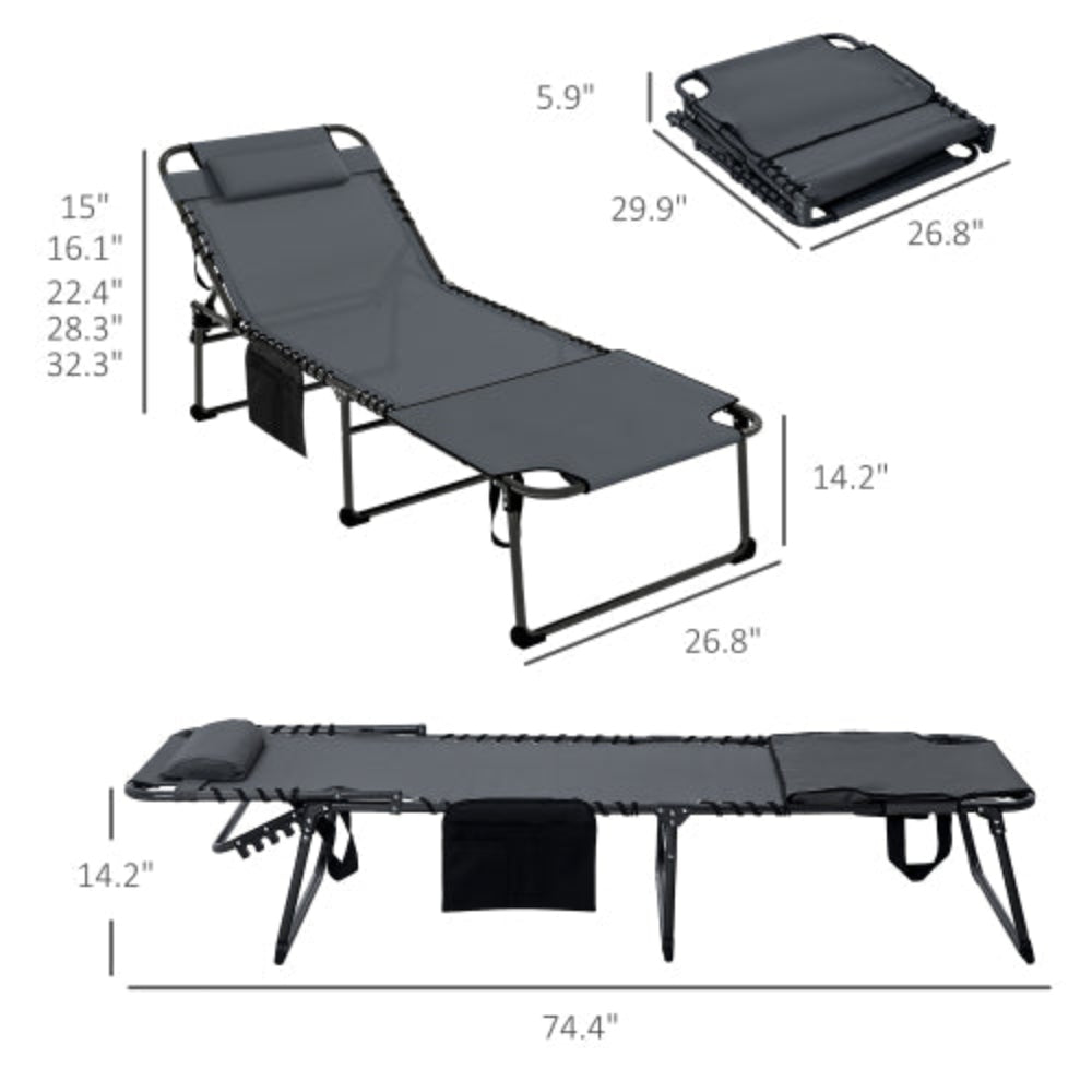 2-Piece Folding Chaise Lounge Chairs, Outdoor Tanning Chairs with Reading Face Hole, Side Pocket & Headrest for Beach, Yard, Patio, Gray
