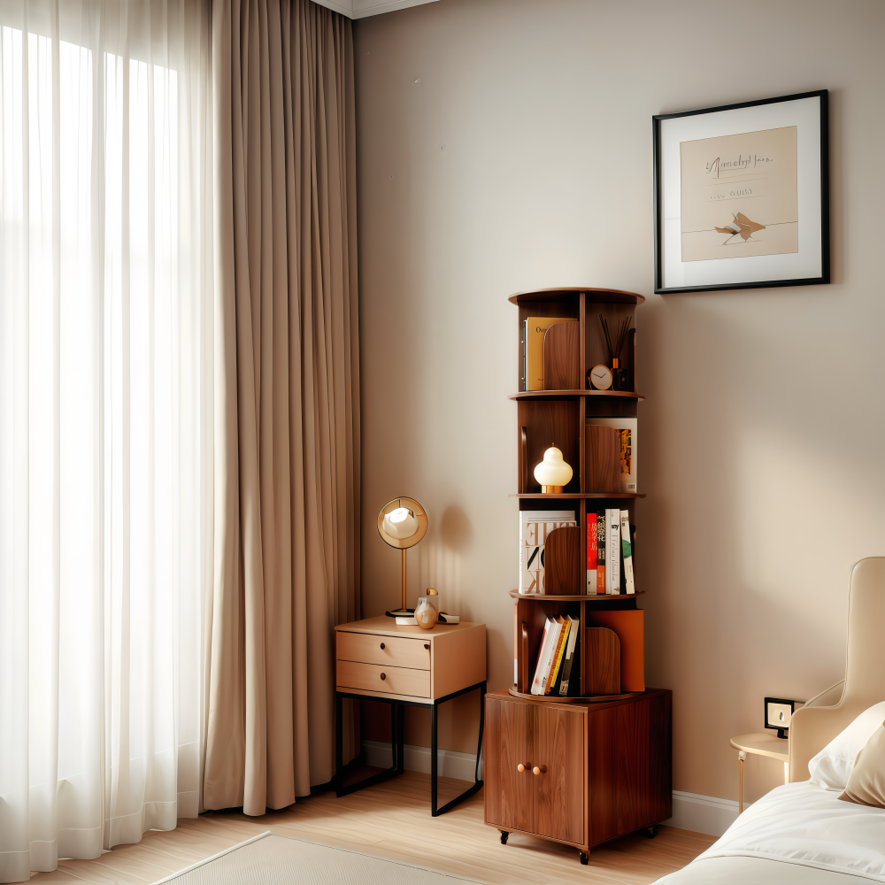 Chic Crate 360° Rotating 5-Tier Corner Bookshelf with Drawer, Narrow Floor Bookcase for Small Spaces