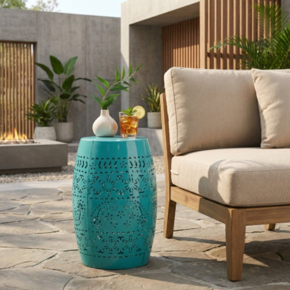 Boho Honeycomb Pattern Side Table, Lightweight Concrete Accent Table with Natural Wood Finish, Barrel Structure, 15.25"x18.25", No Assembly