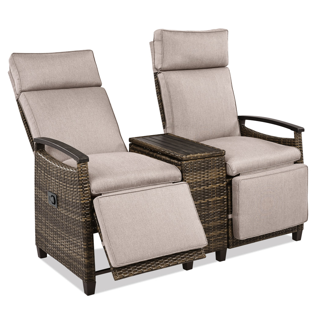 Patio Recliner Loveseat Chair, Adjustable Backrest Wicker Outdoor Lounge Chair Set with Acacia Wood Armrests and Built-in Storage Table for Balcony, Porch, Lawn, Brown