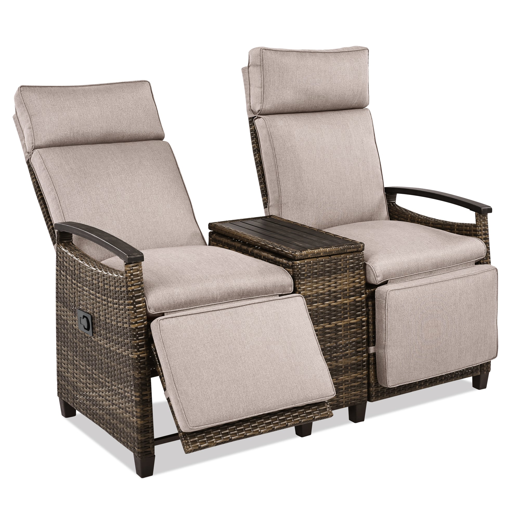 Patio Recliner Loveseat Chair, Adjustable Backrest Wicker Outdoor Lounge Chair Set with Acacia Wood Armrests and Built-in Storage Table for Balcony, Porch, Lawn, Brown