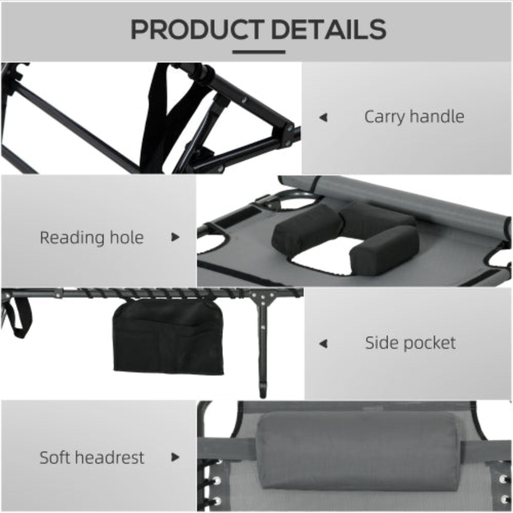 Folding Chaise Lounge, Outdoor Tanning Chair with Reading Face Hole, Side Pocket & Headrest, Beach Yard Patio, Gray