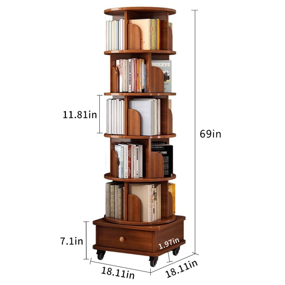 Chic Crate 6-Tier 360° Rotating Corner Bookshelf with Wheels, Narrow Bookcase for Small Spaces – Walnut Brown
