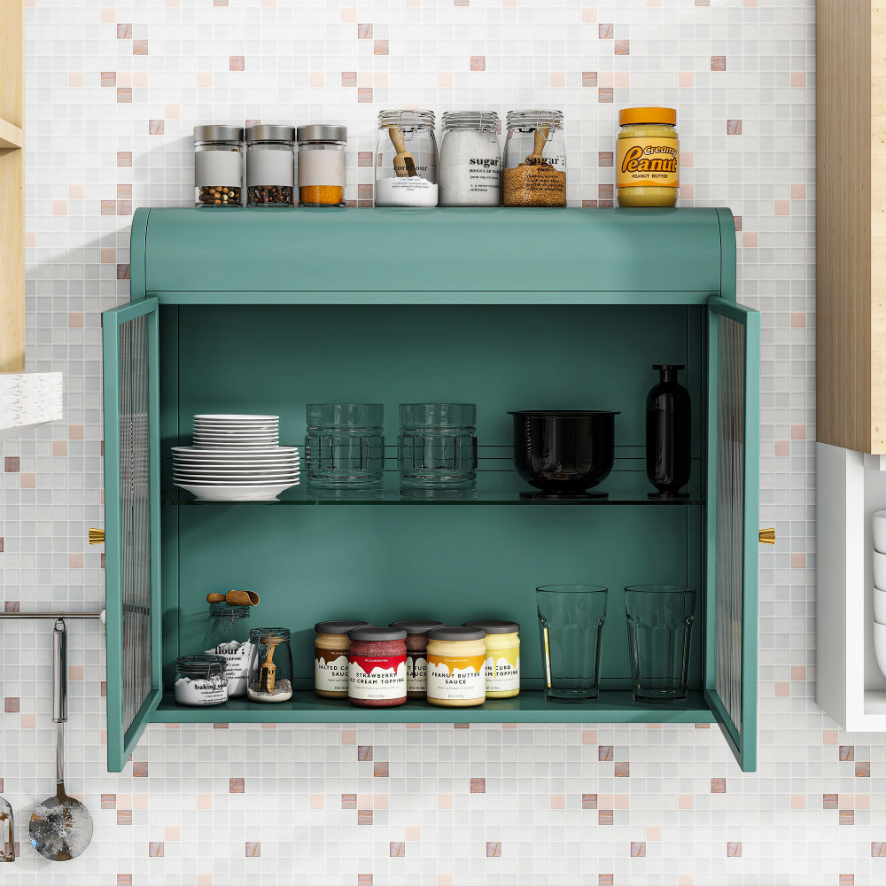 Chic Crate-Army Green 2-Door Wall-Mounted Metal Cabinet – Tempered Glass Shelves | Multi-Room | Bath, Kitchen, Office