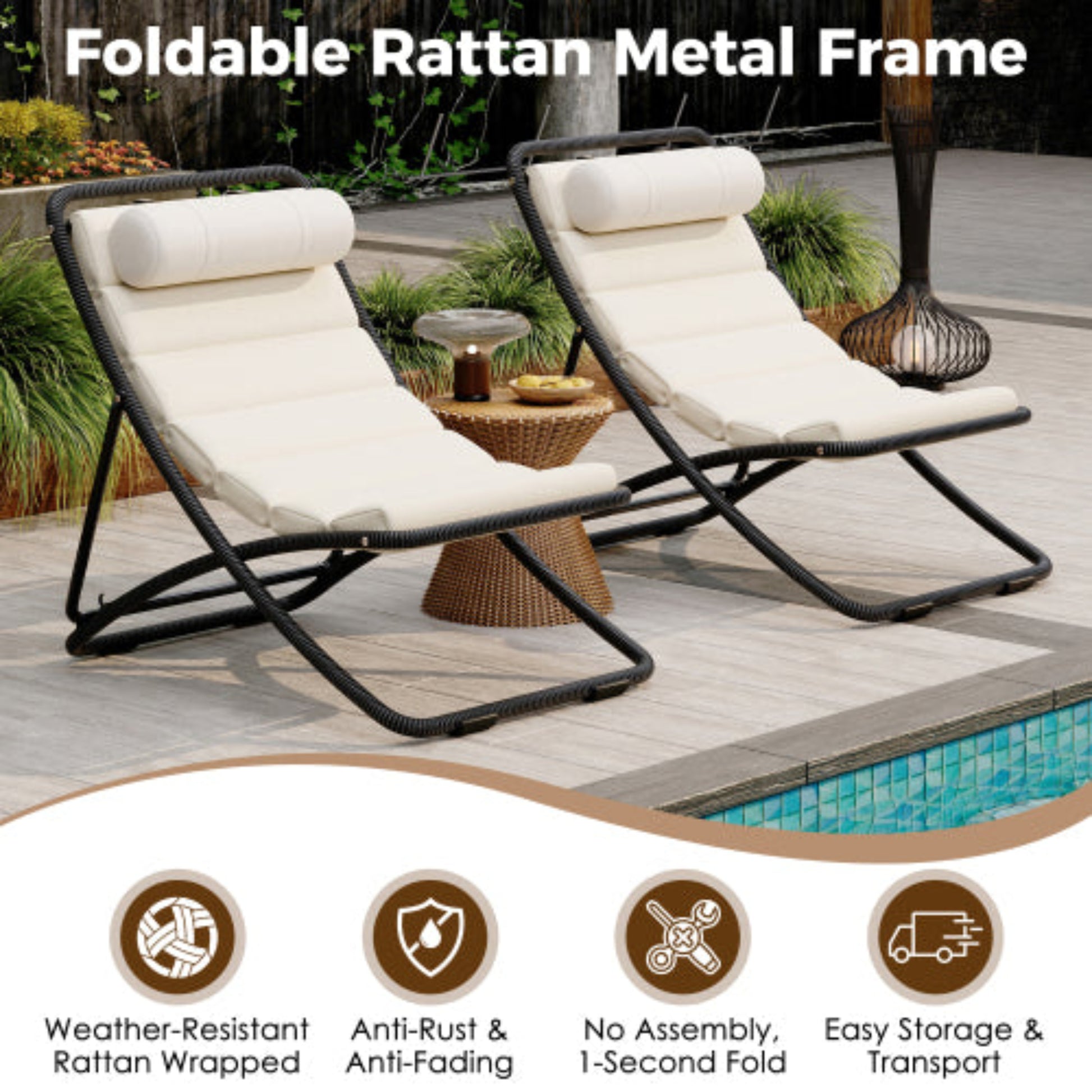 2-Pieces Outdoor Folding Rattan Chair with Adjustable Backrest for Patio Beach and Camping