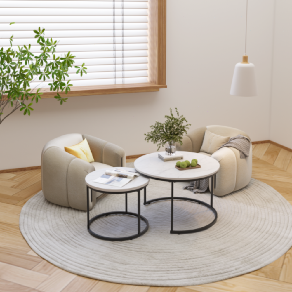 Nesting Coffee Table Set of 2, 27.6" Round Wood Marble Pattern Top, Sturdy Metal Frame, Modern Side End Tables for Home Office - White