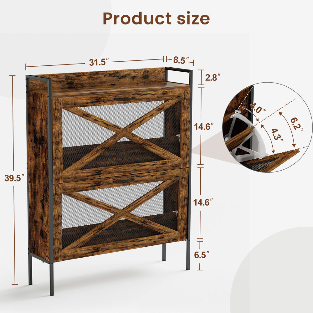Chic Crate-2-Drawer Flip-Top Shoe Cabinet – Narrow | Entryway | Metal Legs | Rustic Brown | 31.5inx8.5inx39.5in