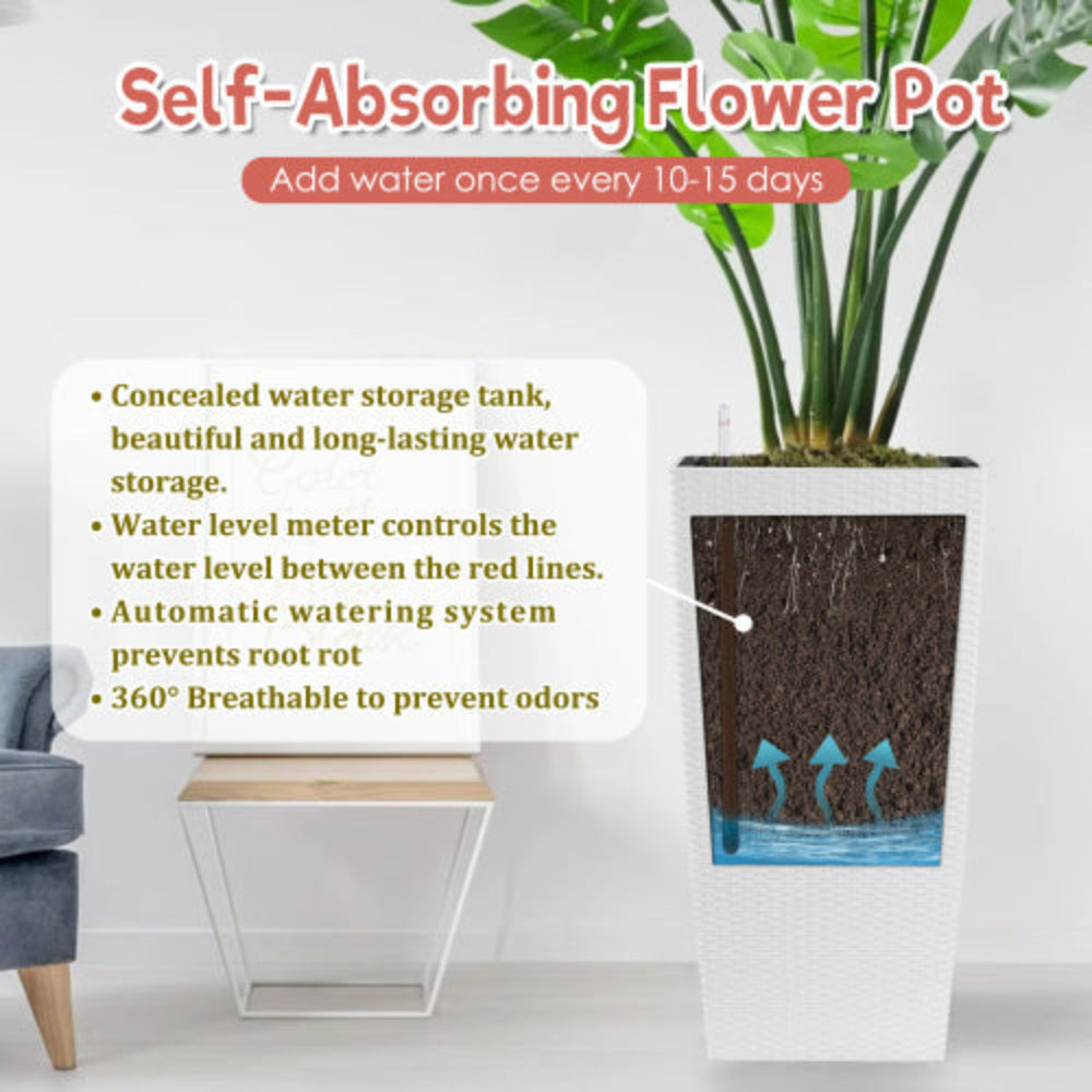 30 Inch Tall Large Flower Planter Pot with Self-Watering, Drainage Holes, Inner Tray & Water Level Monitor, for Garden Patio Porch Backyard White