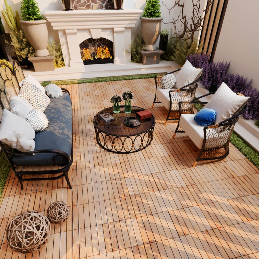 Chic Crate 10Pack 12in Striped Deck Tiles – Interlocking Yellow Acacia Hardwood Flooring