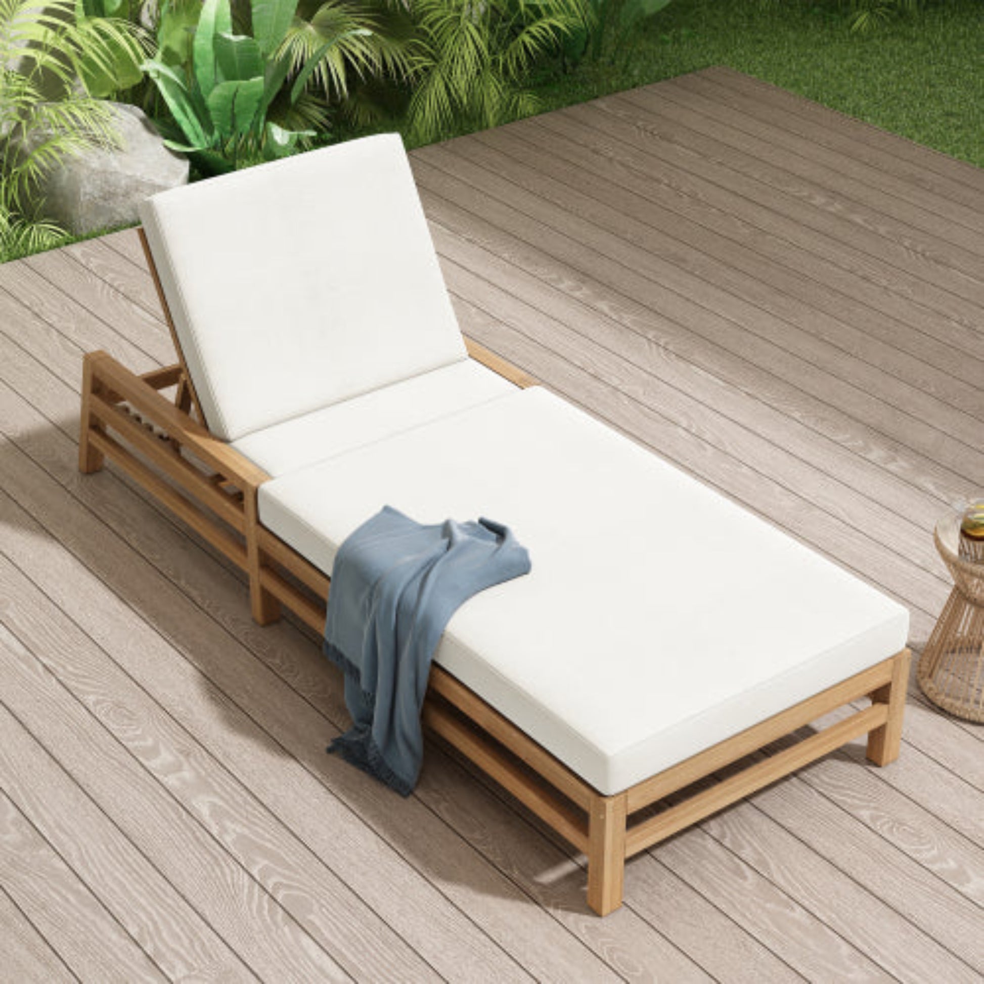 5-Position Adjustable Outdoor Chaise Lounge Solid Wood with Cushions for Pool and Balcony
