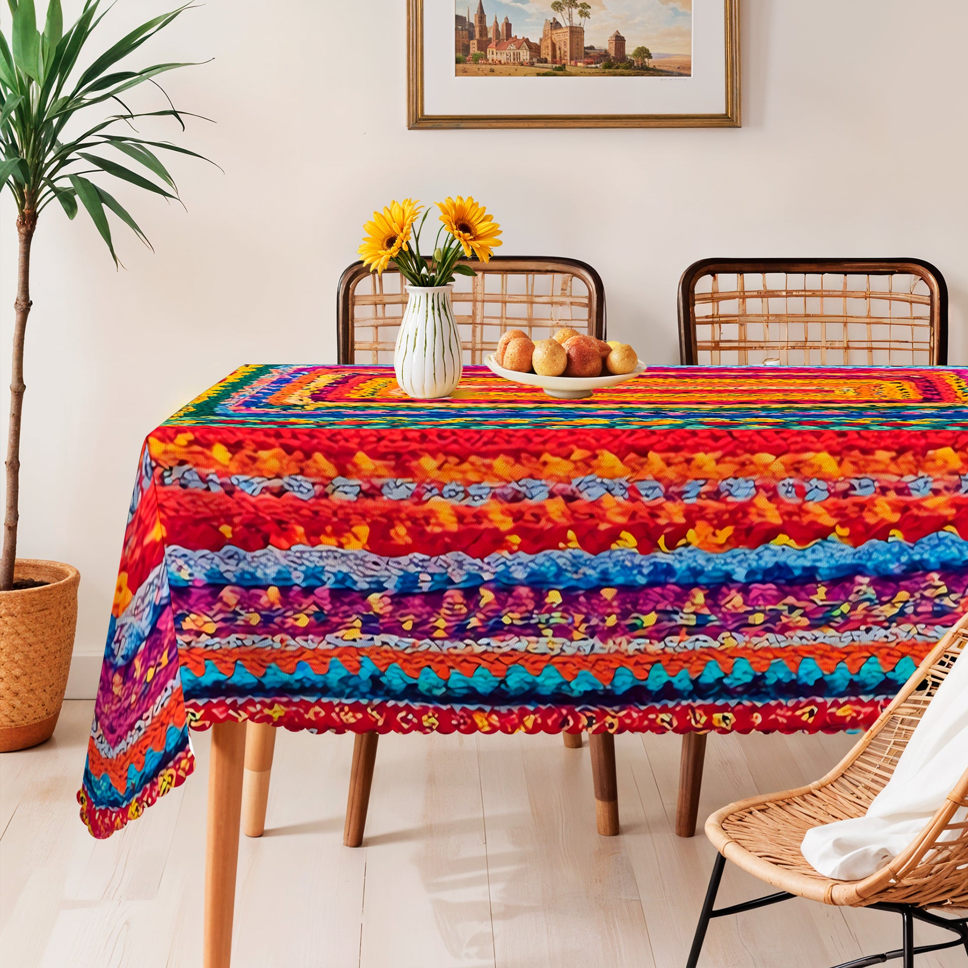 Bohemian Tablecloth with Colorful Pattern, Dustproof Easy-Care Dining Table Cover for Indoor Outdoor Use and Festive Decor