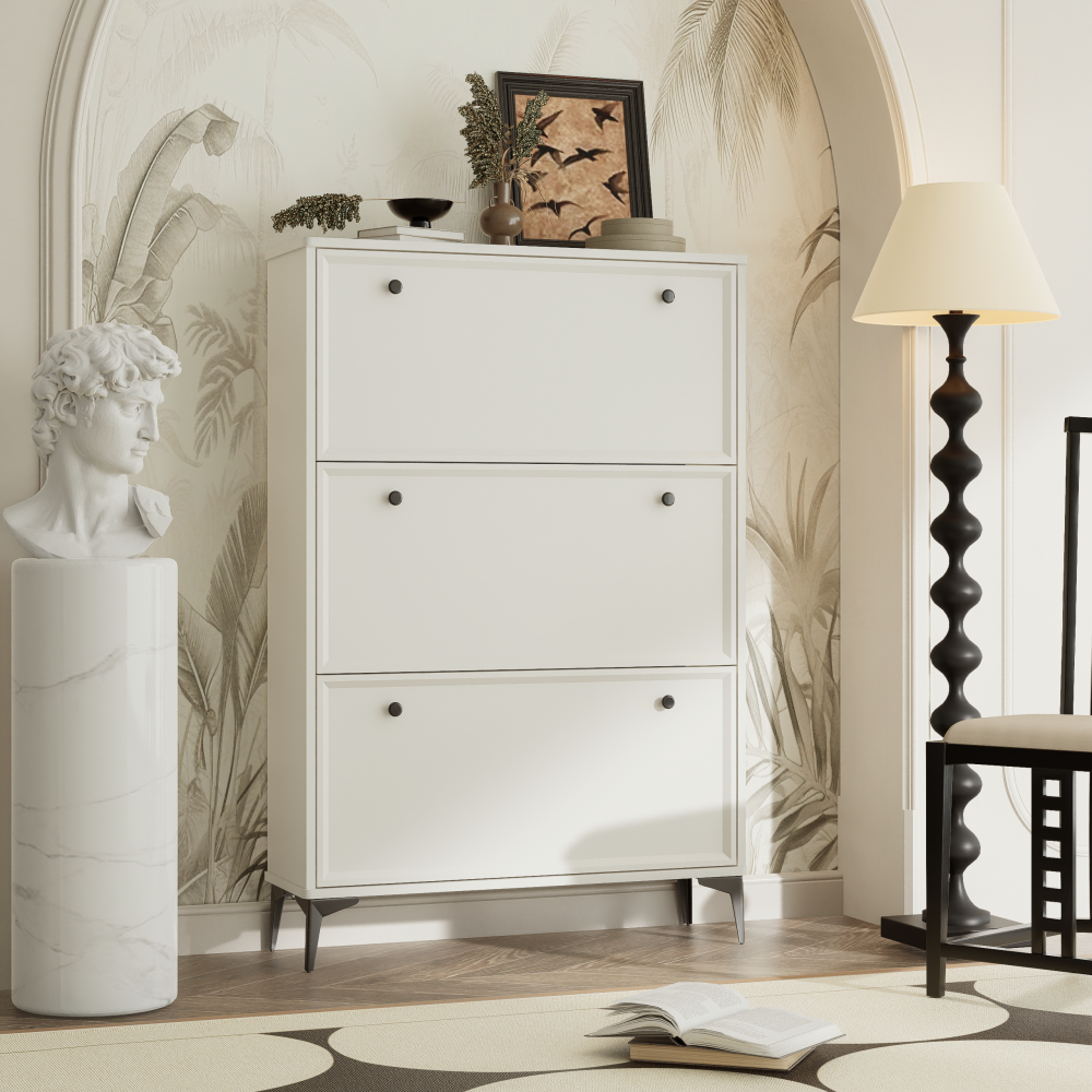 Chic Crate-Modern White Shoe Cabinet – 3 Flip-Drawer | Entrance/Narrow | Hidden Design | Independent Legs