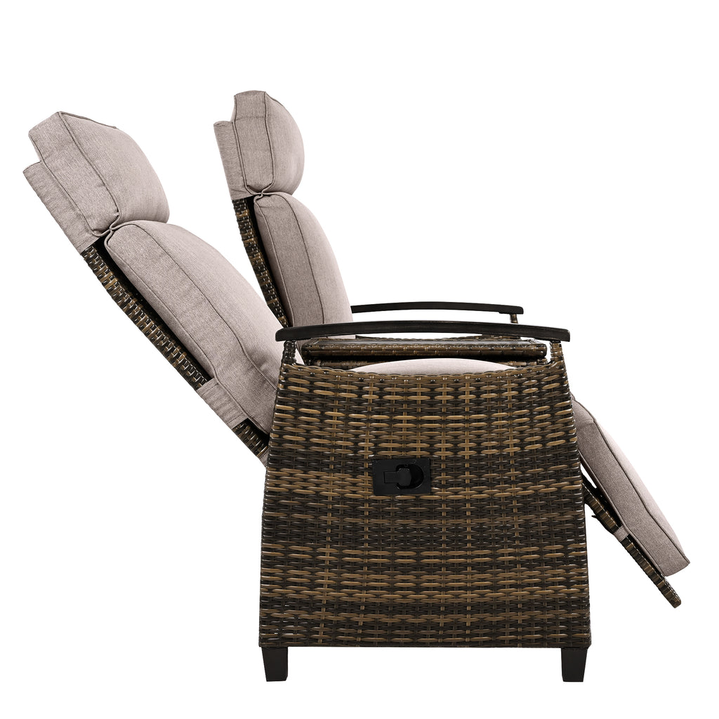 Patio Recliner Loveseat Chair, Adjustable Backrest Wicker Outdoor Lounge Chair Set with Acacia Wood Armrests and Built-in Storage Table for Balcony, Porch, Lawn, Brown