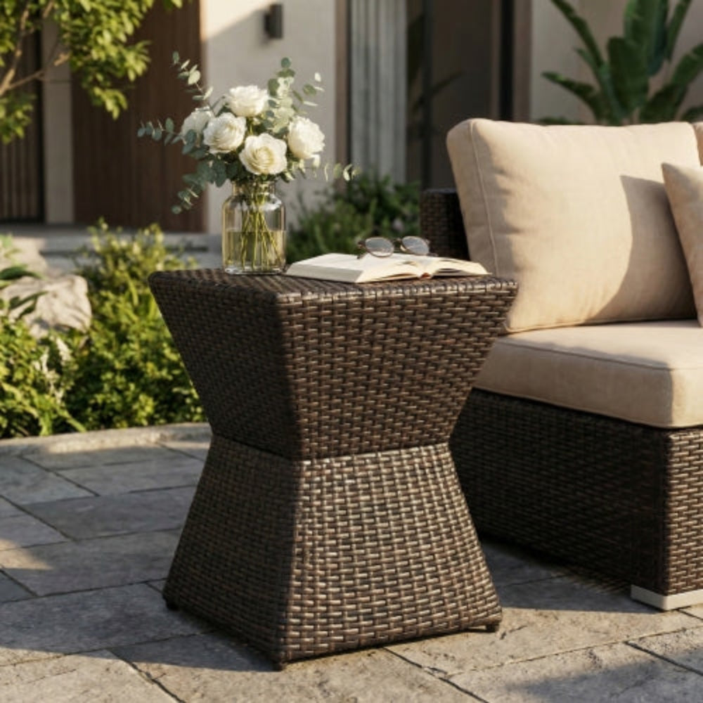 Outdoor Wicker Side Table with Iron Frame, Weather-Resistant, Lightweight, No Assembly Required, 16.25”x16.25”x18”, Perfect for Patio & Home Decor