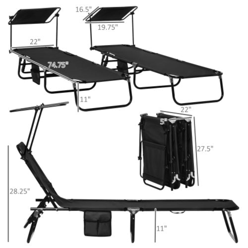 Folding Chaise Lounge Pool Chair with Canopy Shade, Reclining Back, Steel Frame & Side Pocket,  Perfect for Beach, Yard, Patio - 2 PCS Black