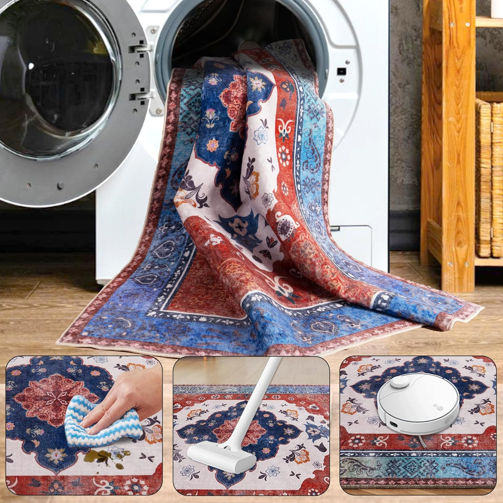 Washable Traditional Area Rug, Thin Foldable Distressed Floral Non-Slip Carpet for Bedroom Living Room Kitchen