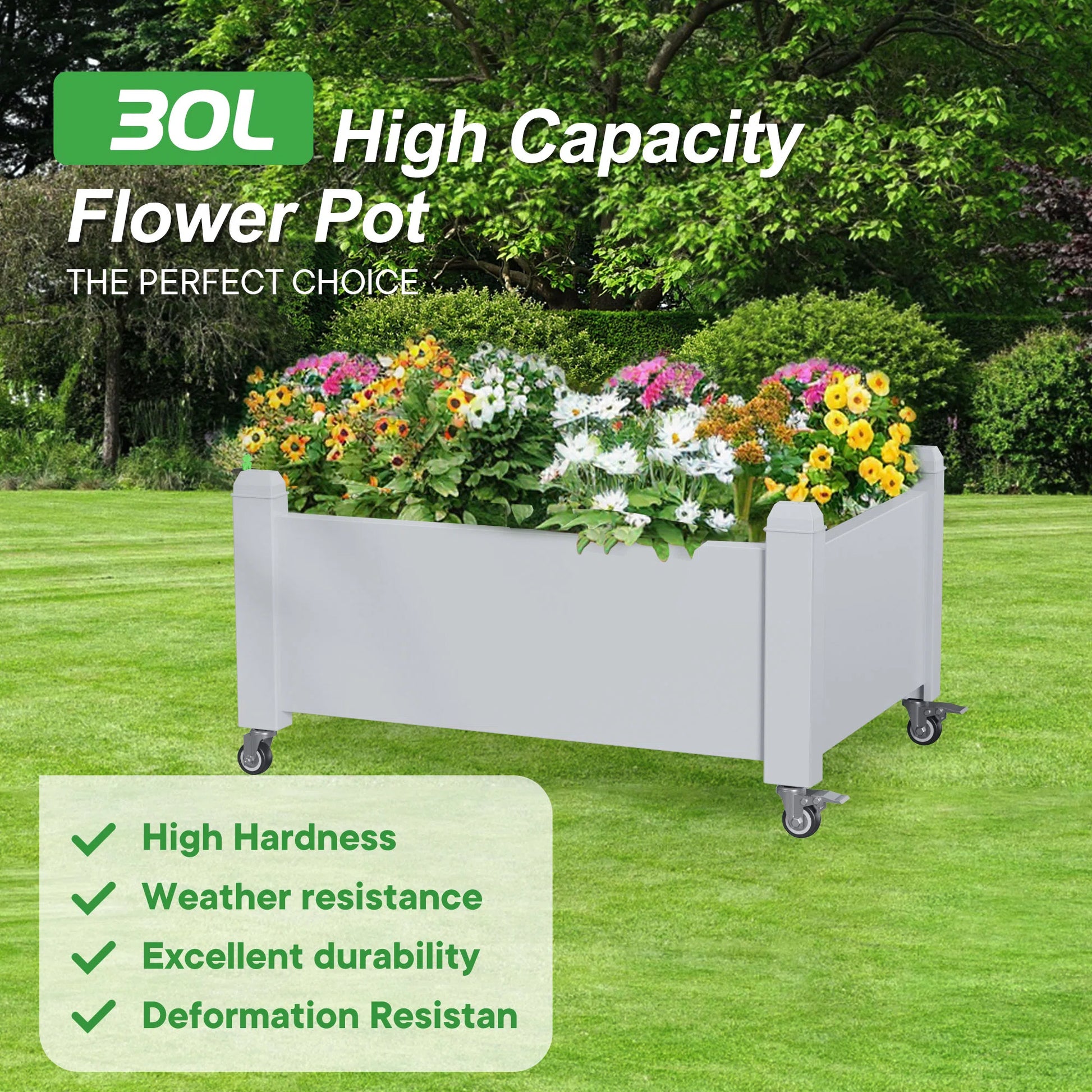 Raised Garden Bed with Wheels, Weatherproof Resin Planter Box with Drain Hole & Water Level for Vegetables