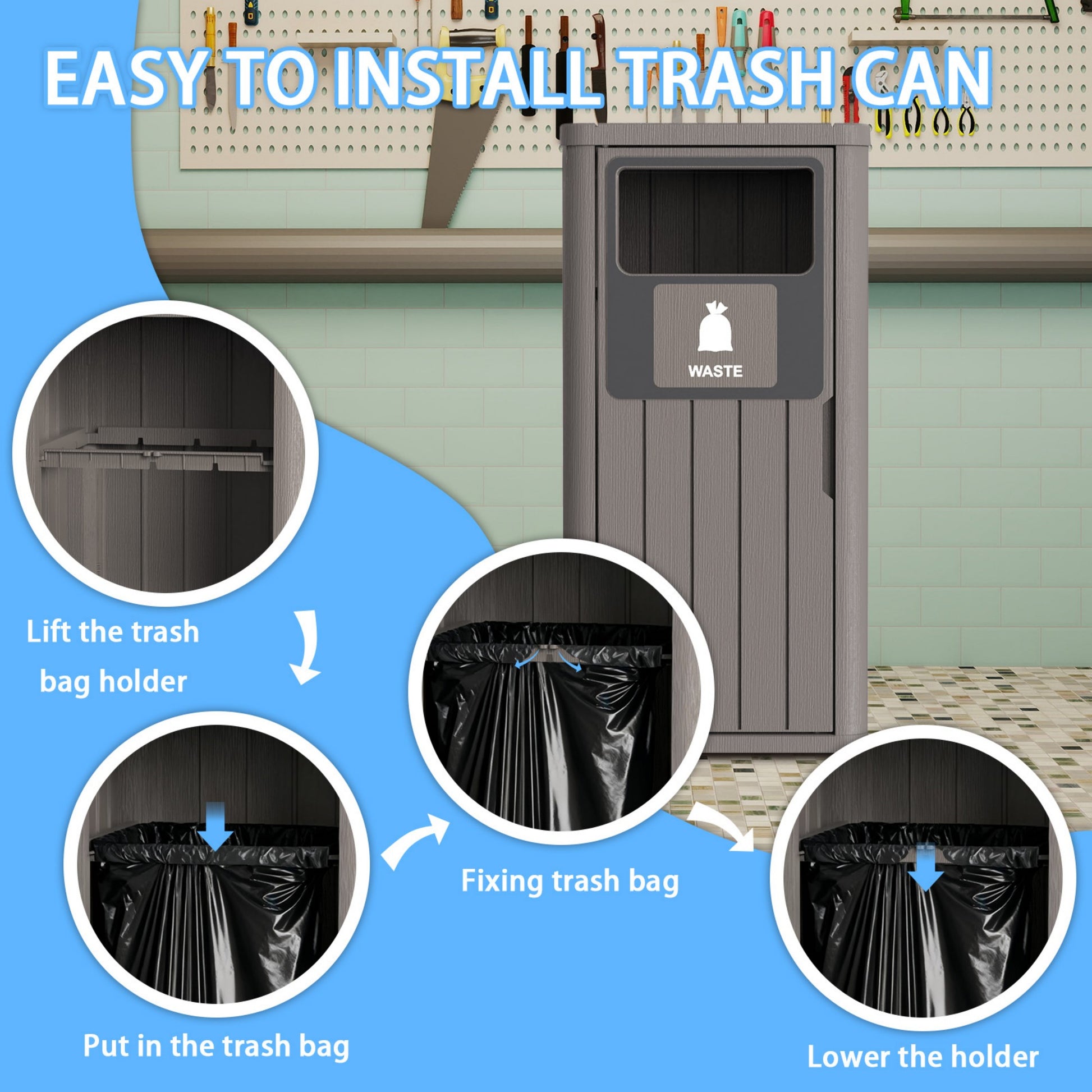 Outdoor Trash Bin, Resin Manual Lift Garbage & Recycling Storage Deck Box with Lid