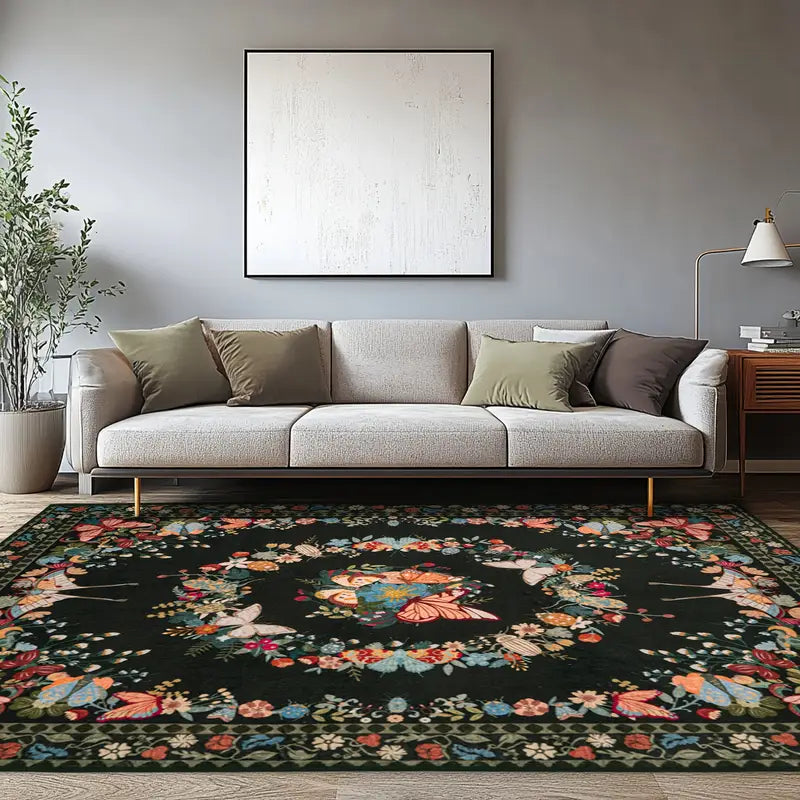 Black Butterfly Floral Washable Area Rug, Low Pile Non-Slip Indoor Carpet for Living Room & Bedroom
