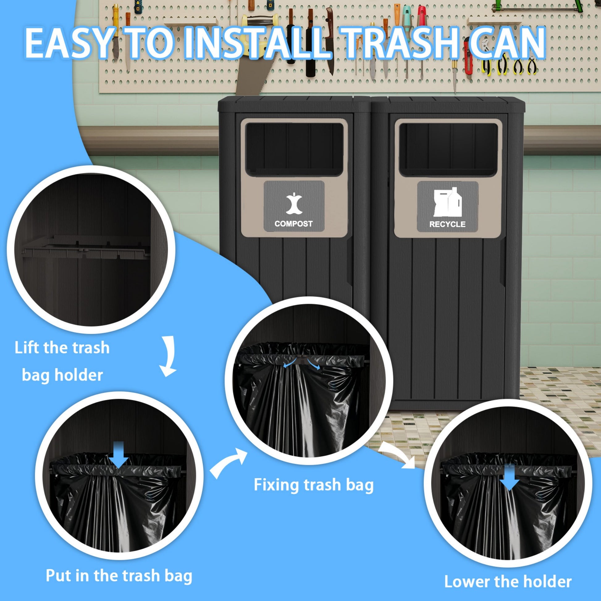 42 Gallon Outdoor Trash Bin, Resin Manual Lift Garbage & Recycling Storage Deck Box with Lid Double-Bucket
