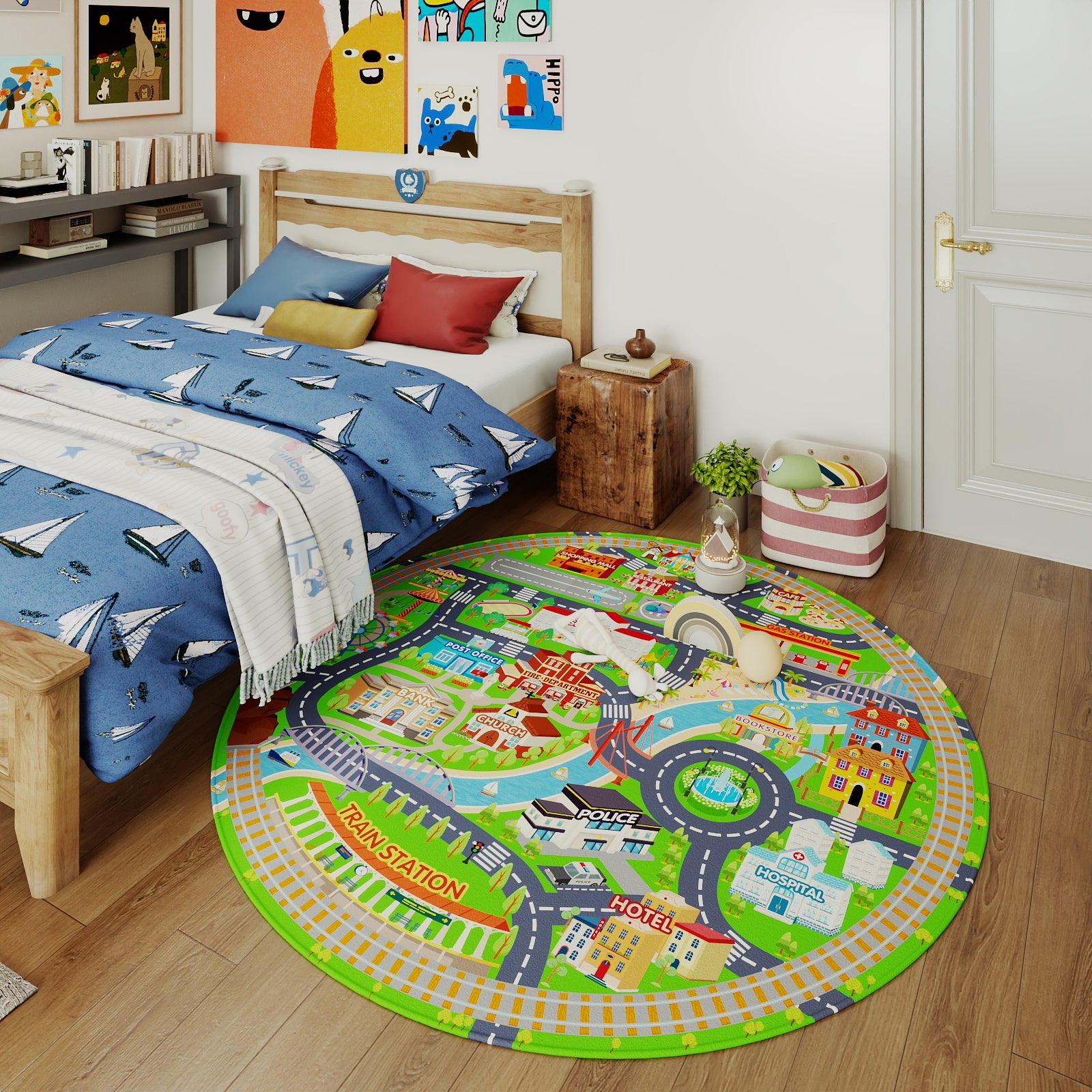 Car Rug Play Mat for Kids Toy Cars, Non-Slip Machine Washable Road Traffic Playmat for Kid Bedroom Home Decor