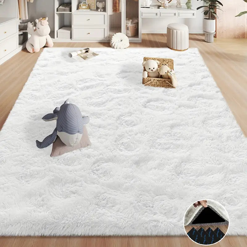 White Shaggy Area Rug with 4 Reusable Stickers, Super Soft Fluffy Non-Slip Carpet for Living Room