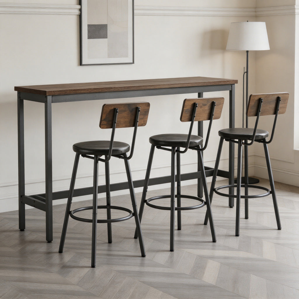 Industrial Bar Table Set with 3 PU Stools, Long Upholstered Bar Chairs Set for Kitchen