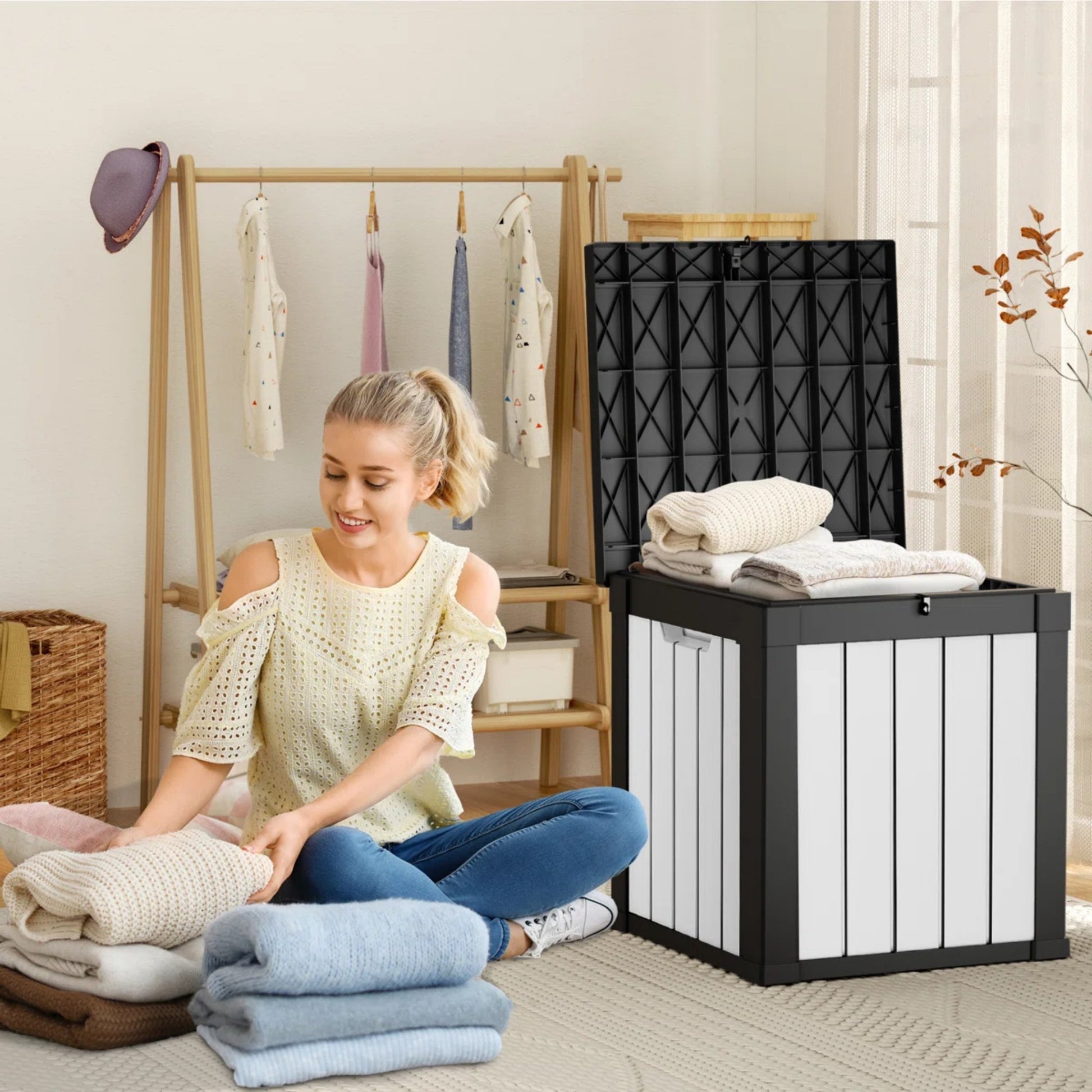 50 Gallon Outdoor Deck Box, Water-Resistant Resin Storage Box with Lockable Lid for Patio