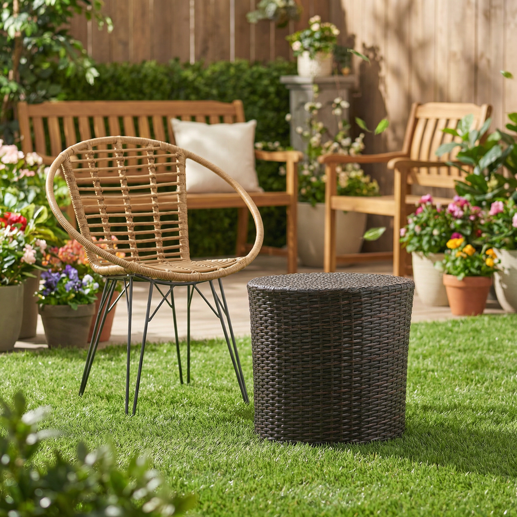 Barrel Side Table, Outdoor Wicker End Table, Durable Woven Design, No Assembly, Perfect for Patio & Home Decor