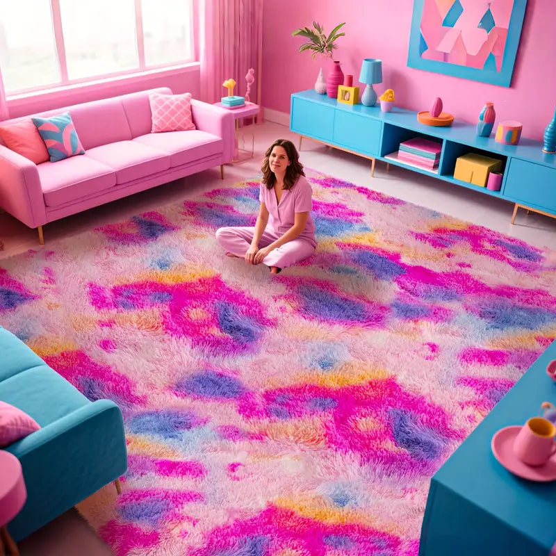 Rainbow Tie-Dyed Shag Rug, Ultra Soft 1.7" Thick, Non-Slip Backing, 100% Polyester, Multi Sizes & Shapes