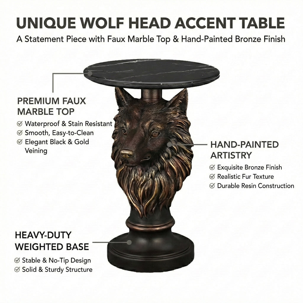Wolf Head Accent Table, Animal Statue End Table for Living Room Home Decor