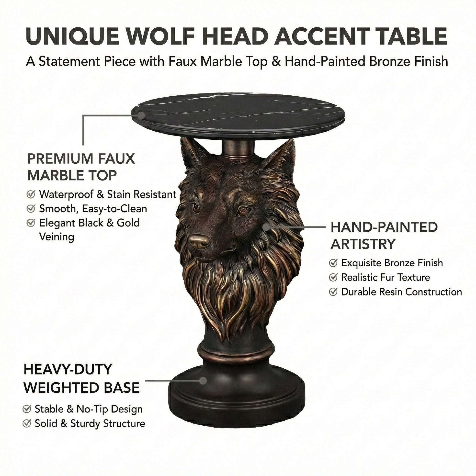 Wolf Head Accent Table, Animal Statue End Table for Living Room Home Decor