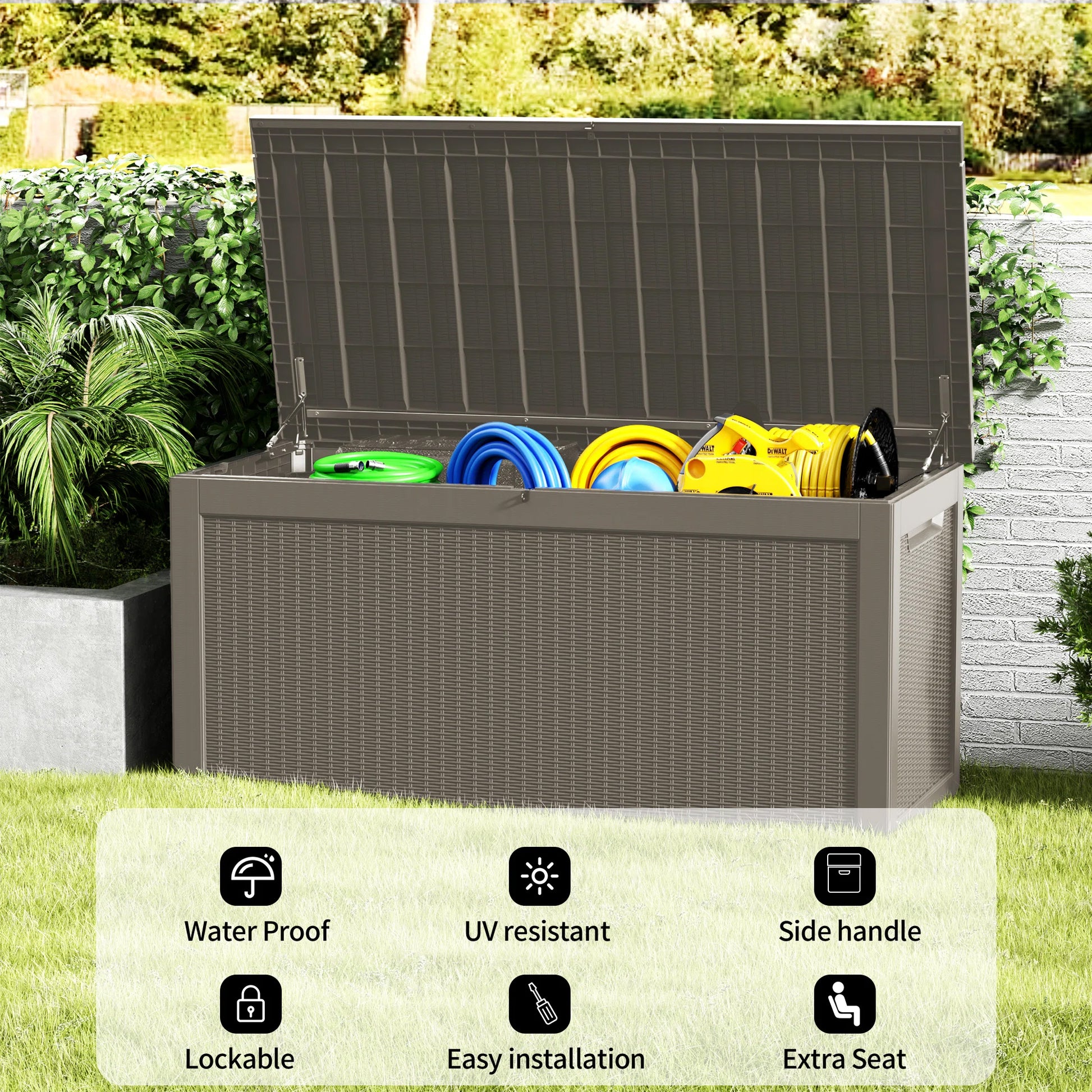 260 Gallon Resin Deck Box, Water-Resistant Lockable Outdoor Storage Box for Patio Organization