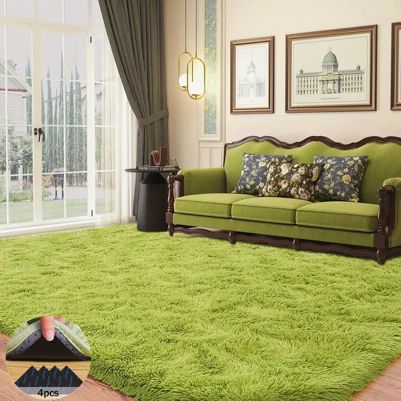 Grass Green Fluffy Shag Area Rug with Non-Slip Base & 4 Reusable Stickers, Soft Plush Mat