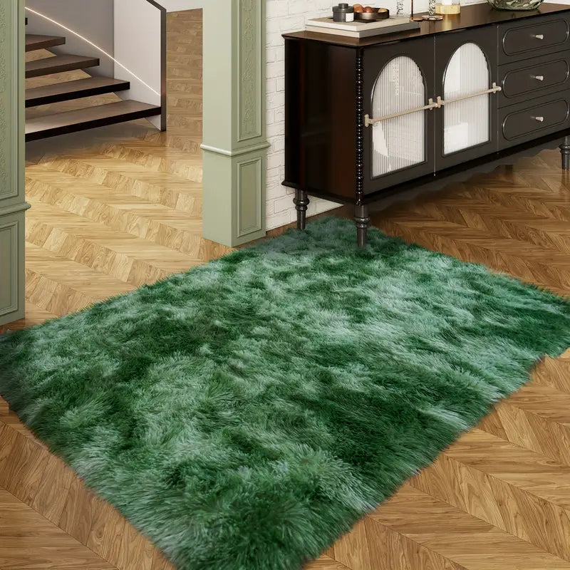 Tie-Dyed Green Fluffy Area Rug, Ultra Soft Non-Slip Mat with 4 Stickers, Multiple Sizes for Home Decor