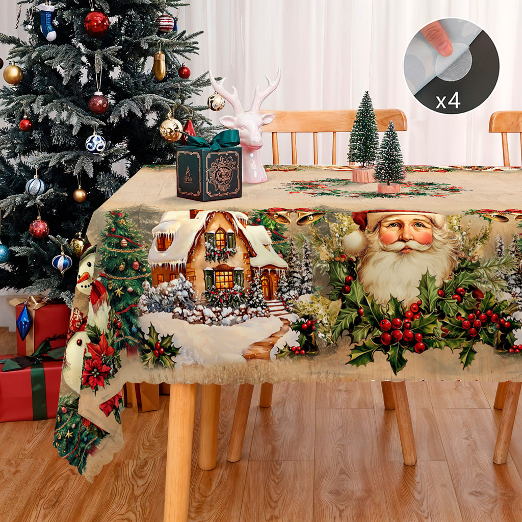 Christmas Tablecloth, Santa Claus and Christmas tree Stain-Resistant Table Cover for Dining Table Holiday Decoration